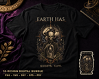 Alien Halloween Sayings digital design bundle preview, showing Earth Has Ghosts. Cute. artwork on a black shirt and sticker as use examples.