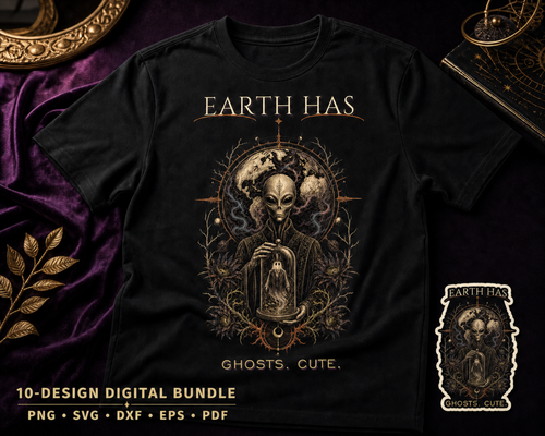 Alien Halloween Sayings digital design bundle preview, showing Earth Has Ghosts. Cute. artwork on a black shirt and sticker as use examples.