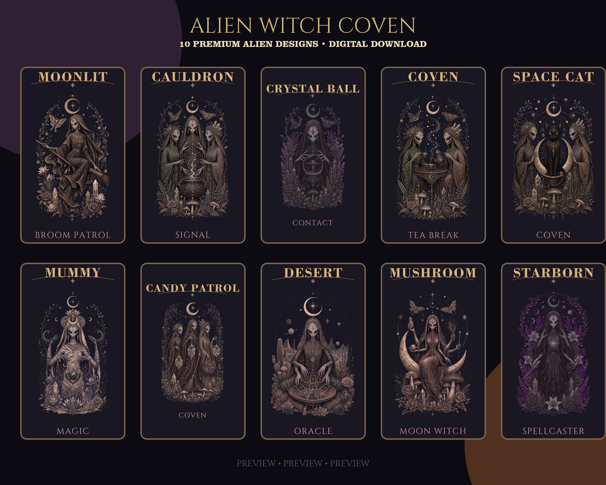 Preview of all ten Alien Witch Coven digital designs in two rows, including Moonlit Broom Patrol, Cauldron Signal, Crystal Ball Contact and Starborn Spellcaster.