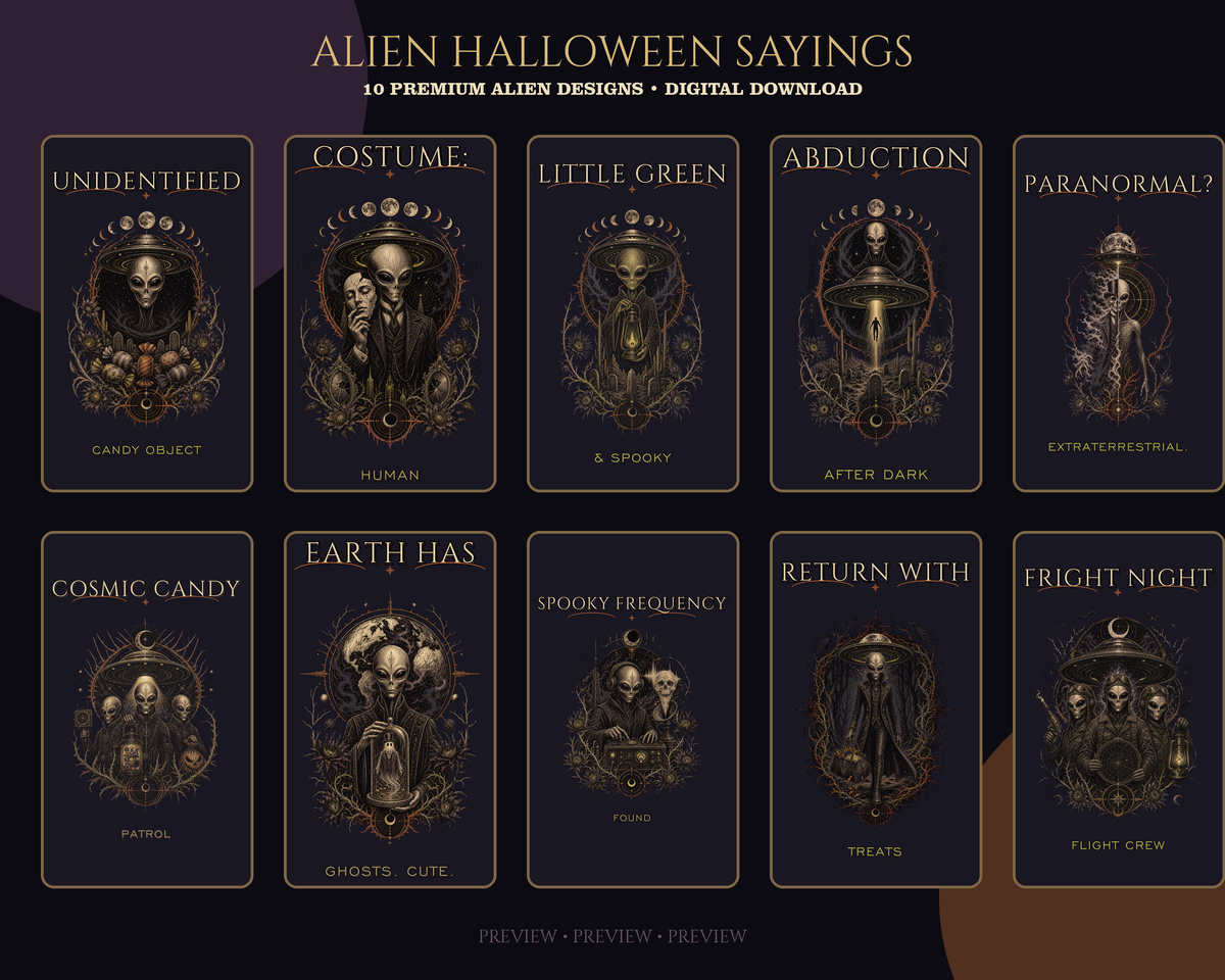 All ten designs included in the Alien Halloween Sayings digital bundle, displayed together for preview.