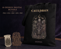 Alien Witch Coven digital design bundle preview, showing Cauldron Signal artwork on a black tote bag with sticker and cut-design examples.