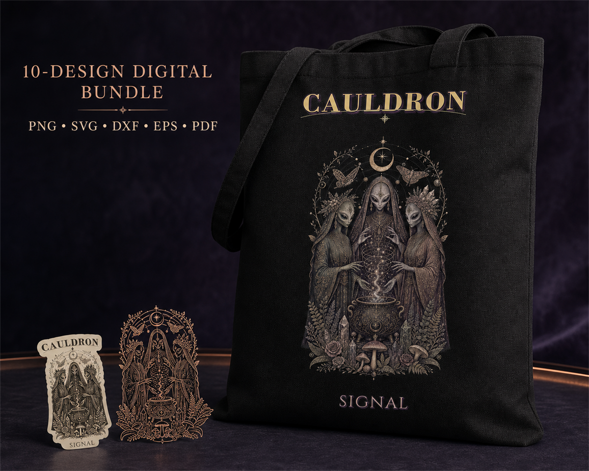 Alien Witch Coven digital design bundle preview, showing Cauldron Signal artwork on a black tote bag with sticker and cut-design examples.