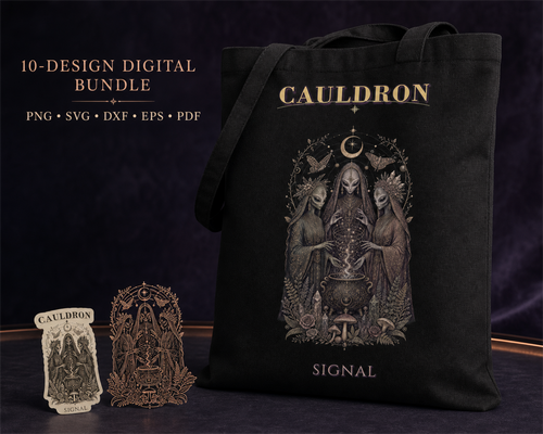 Alien Witch Coven digital design bundle preview, showing Cauldron Signal artwork on a black tote bag with sticker and cut-design examples.