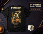 Little Green Halloween digital design bundle preview, showing Pumpkin Pilot artwork on a black shirt and sticker as use examples.