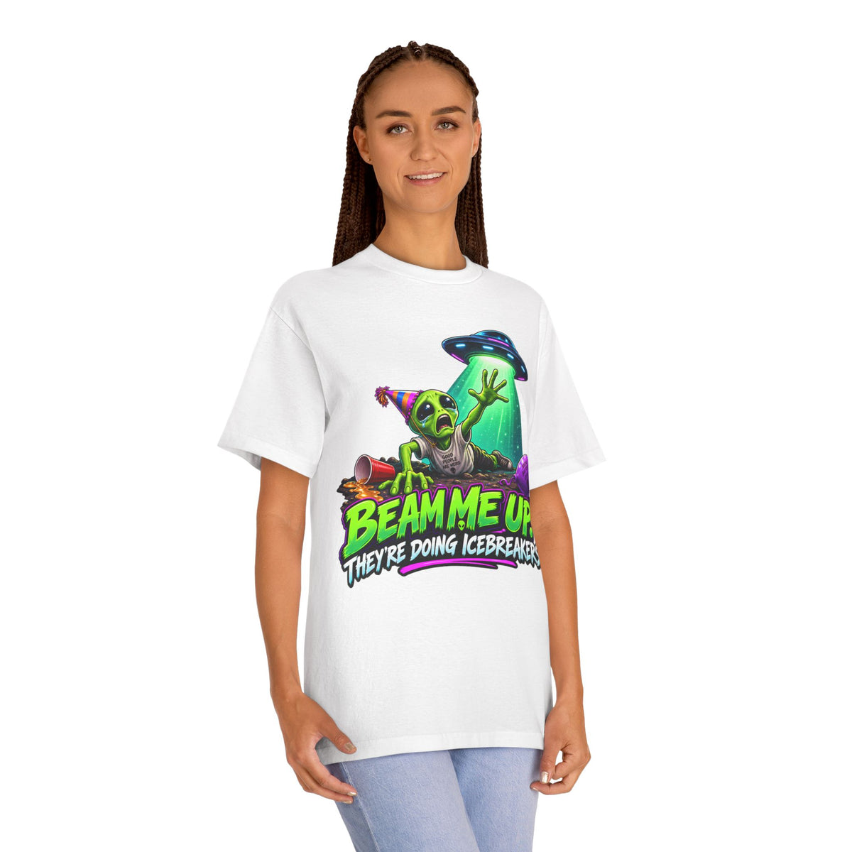 Beam Me Up Alien Tee — "Beam Me Up They're Doing Icebreakers" Graphic T-Shirt