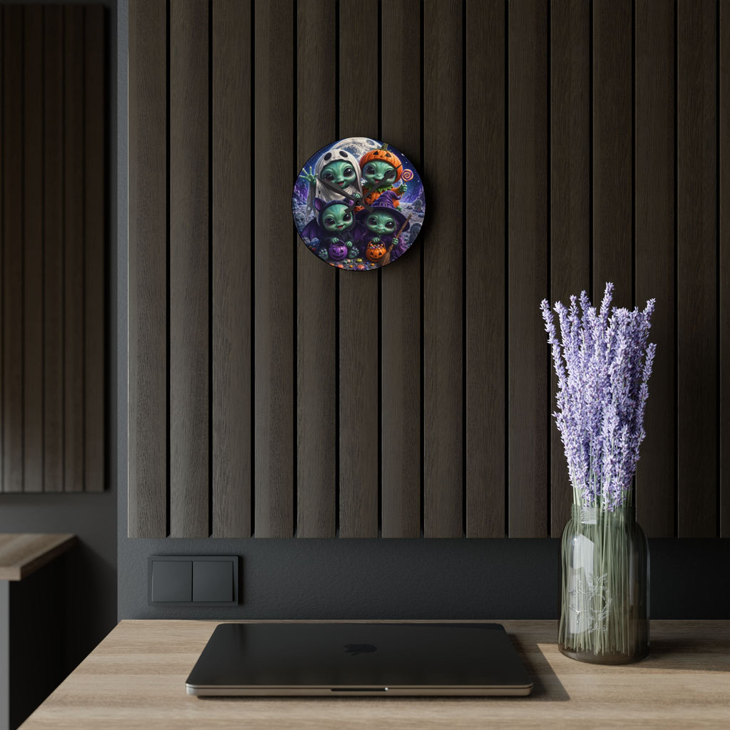 Alien Babies Halloween Acrylic Wall Clock | Cute Spooky Costume Artwork