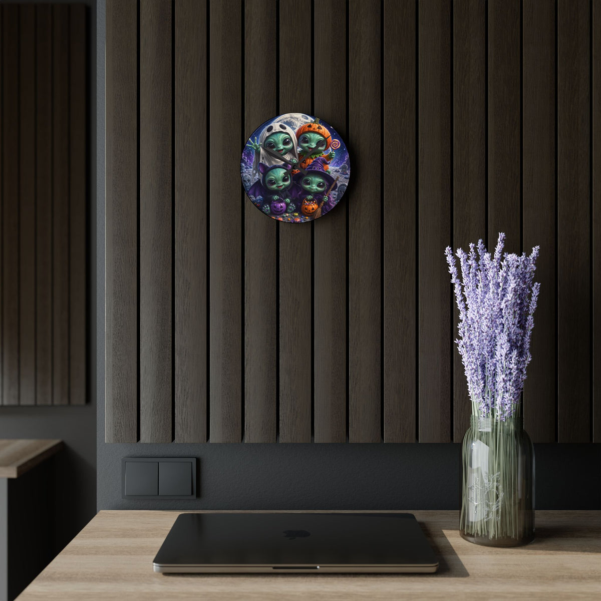 Alien Babies Halloween Acrylic Wall Clock | Cute Spooky Costume Artwork