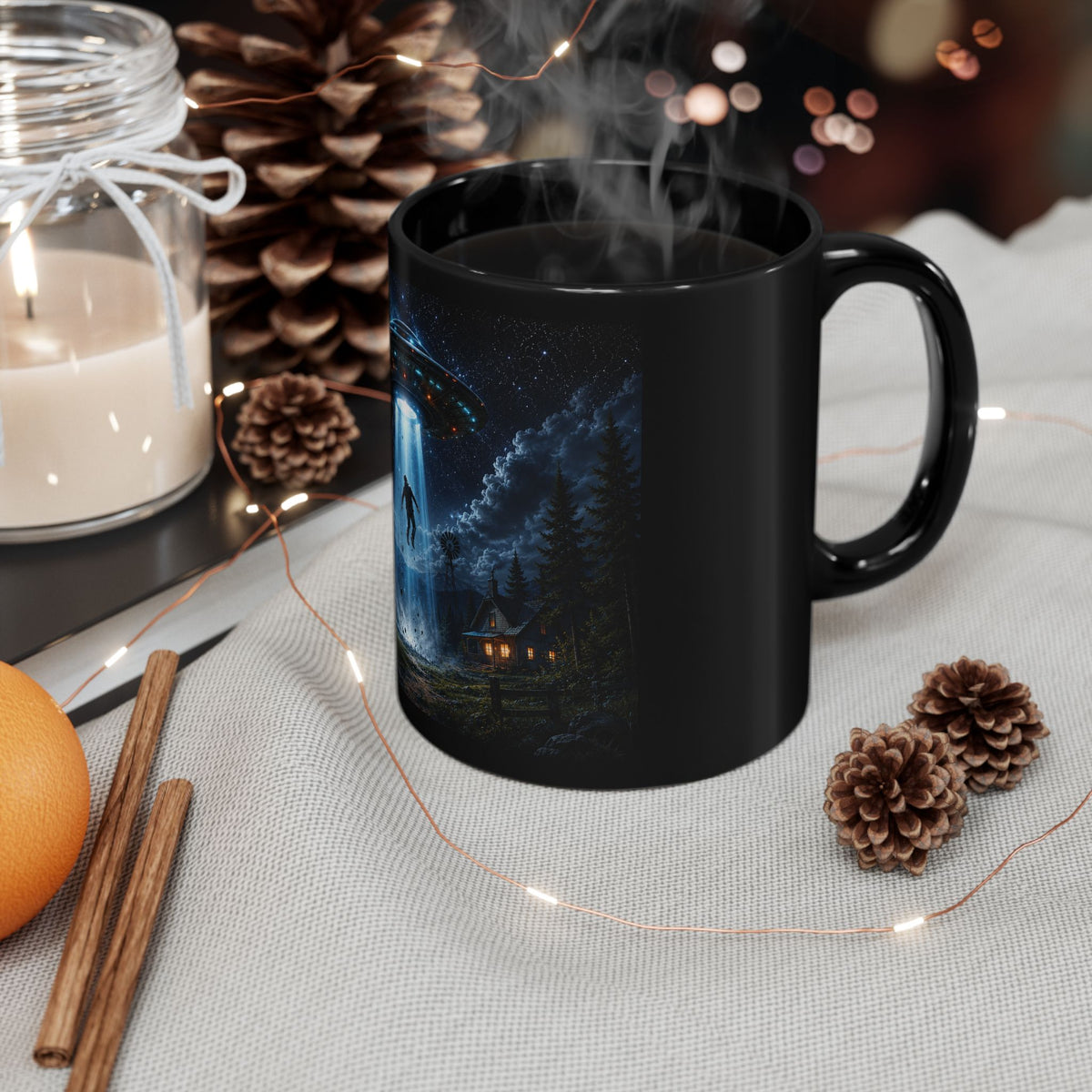 Alien Abduction Scene Mug | Black Ceramic Coffee Cup
