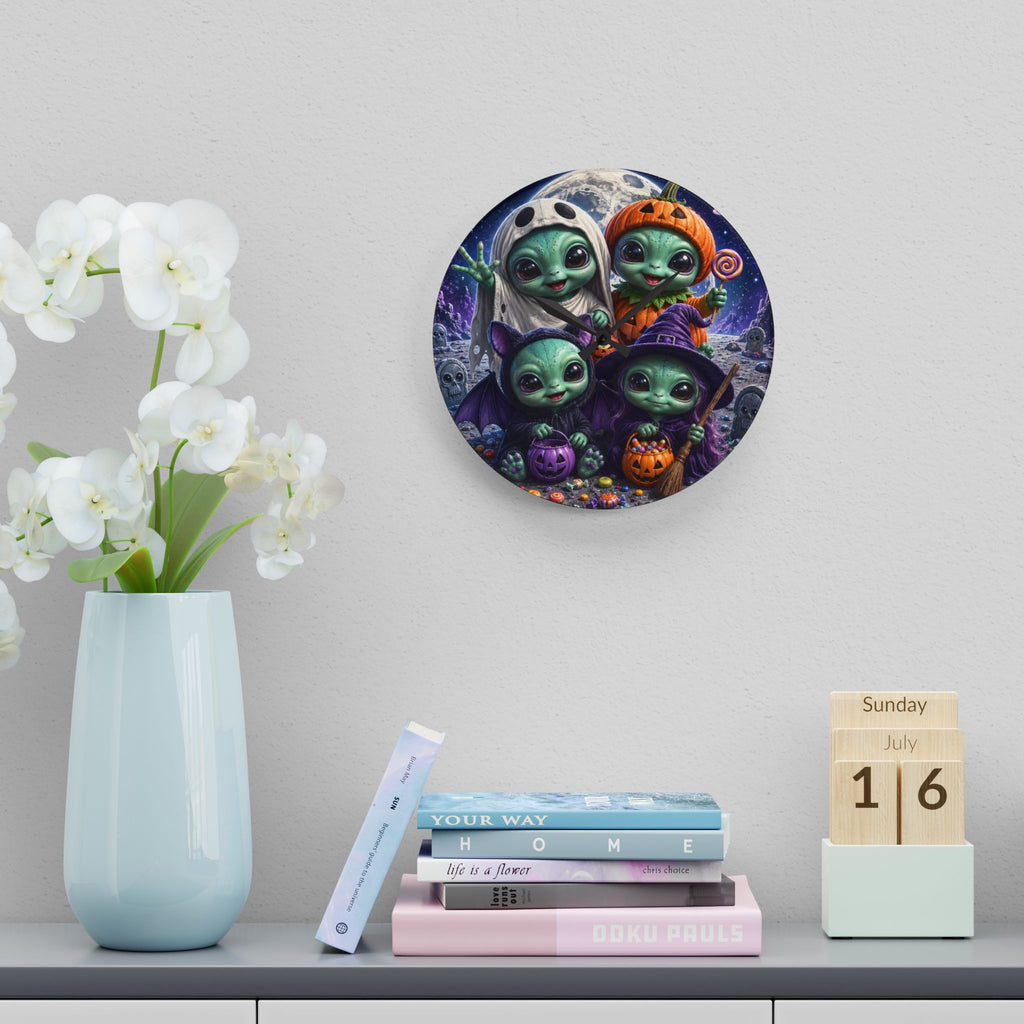 Alien Babies Halloween Acrylic Wall Clock | Cute Spooky Costume Artwork