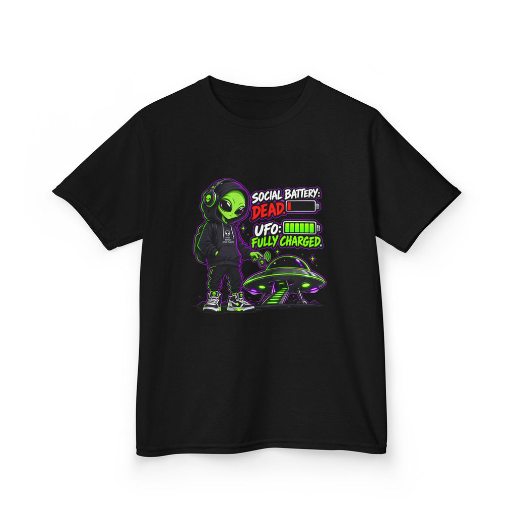 Social Battery Dead, UFO Fully Charged | Alien Kids T-Shirt