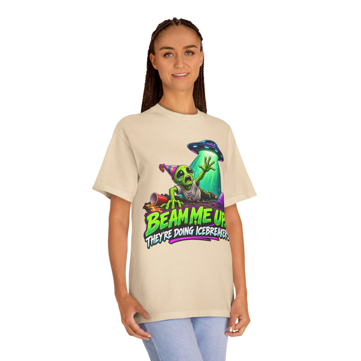 Beam Me Up Alien Tee — "Beam Me Up They're Doing Icebreakers" Graphic T-Shirt