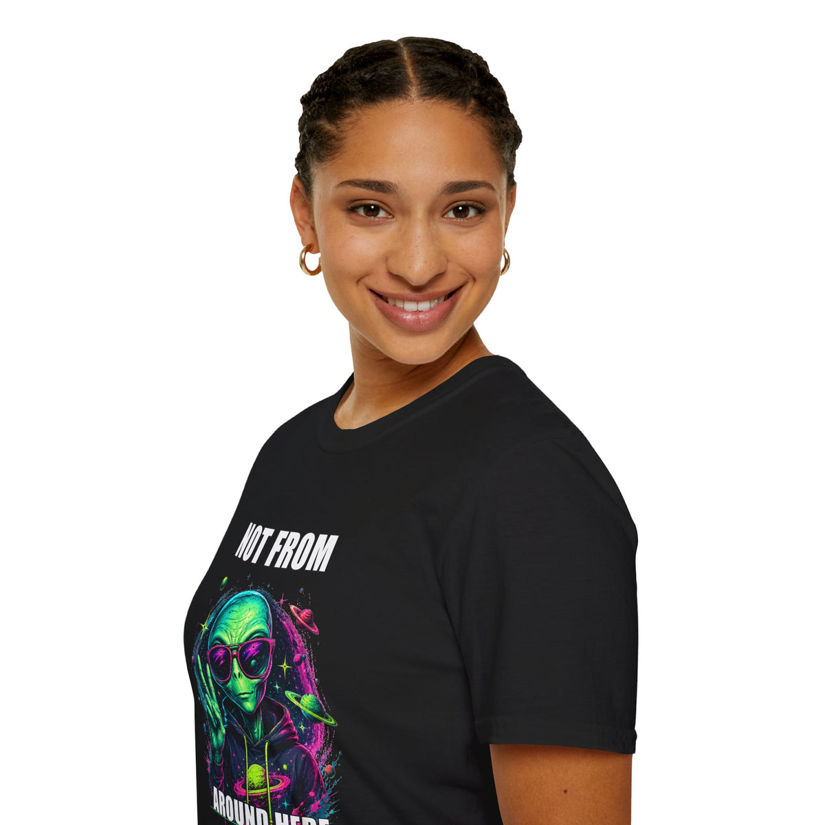 Not From Around Here Alien graphic T-Shirt | Retro Neon UFO Tee
