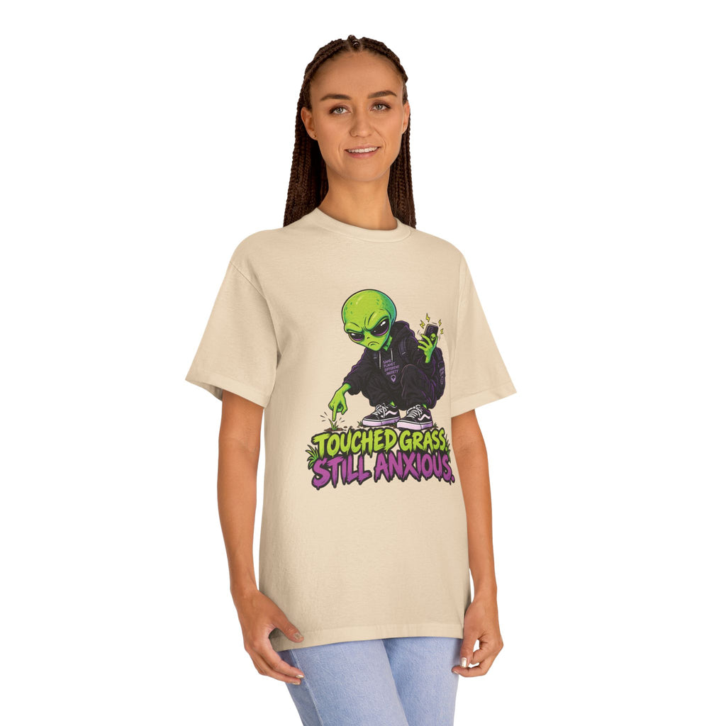 Touched Grass, Still Anxious — Unisex Alien T-Shirt