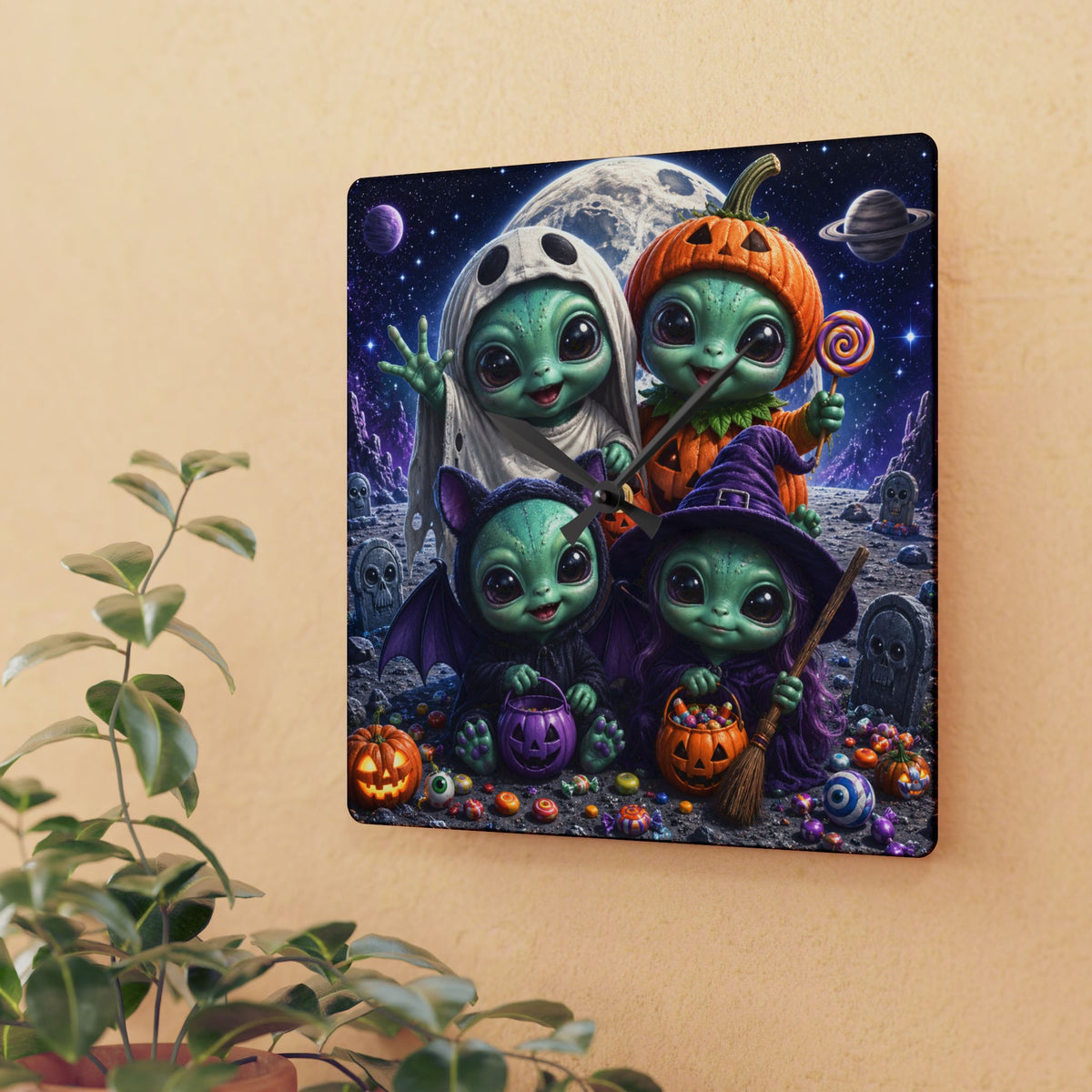 Alien Babies Halloween Acrylic Wall Clock | Cute Spooky Costume Artwork
