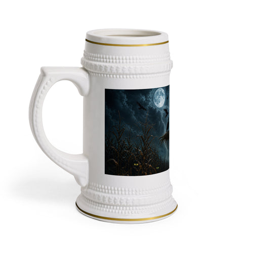 Left-side view of the gold-trimmed white ceramic stein, showing its large handle and moonlit field artwork.