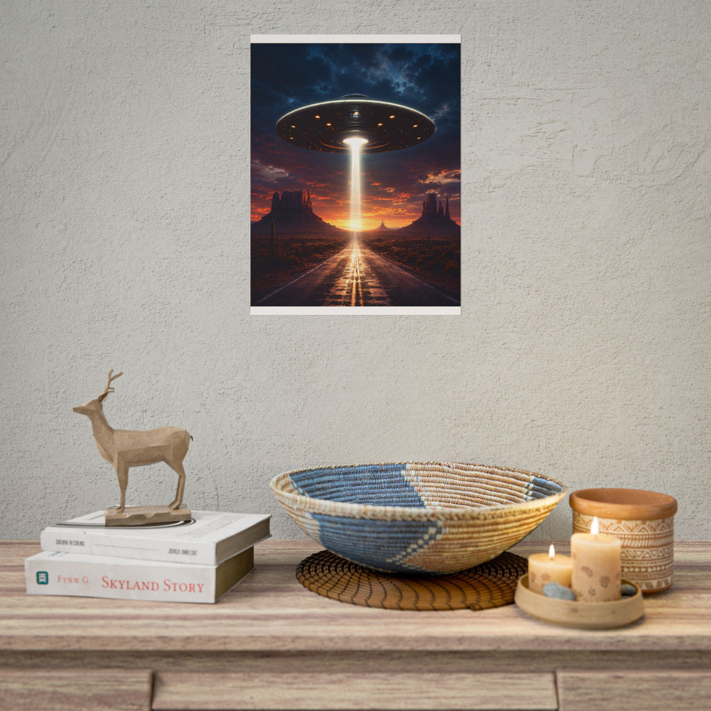 UFO Desert Road Poster, Alien Spaceship Wall Art, Sci Fi Room Decor