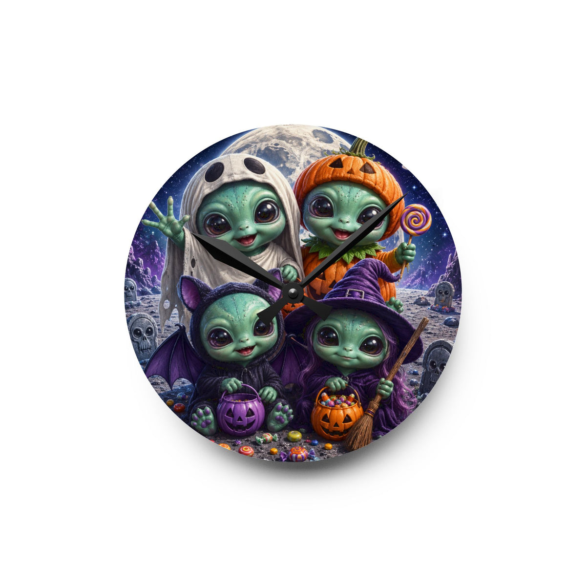 Alien Babies Halloween Acrylic Wall Clock | Cute Spooky Costume Artwork