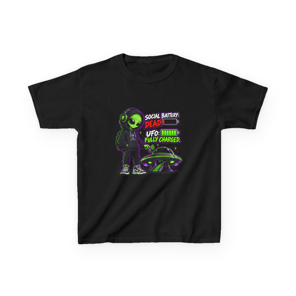 Social Battery Dead, UFO Fully Charged | Alien Kids T-Shirt