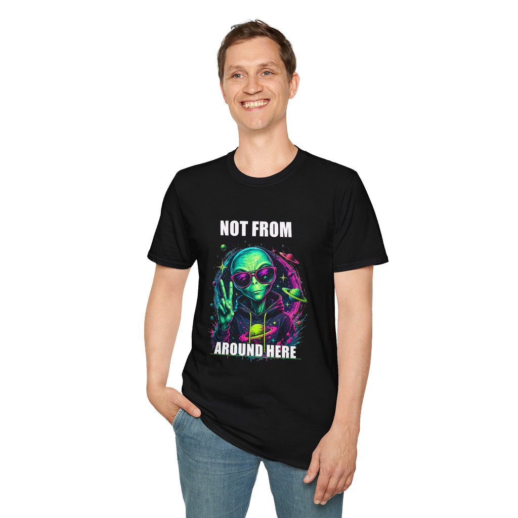 Not From Around Here Alien graphic T-Shirt | Retro Neon UFO Tee