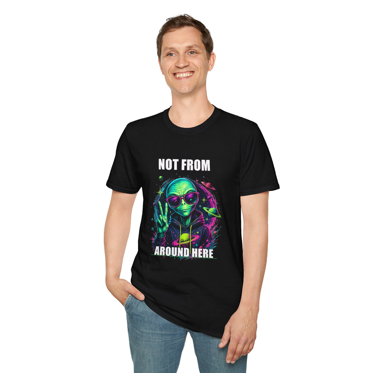 Not From Around Here Alien graphic T-Shirt | Retro Neon UFO Tee