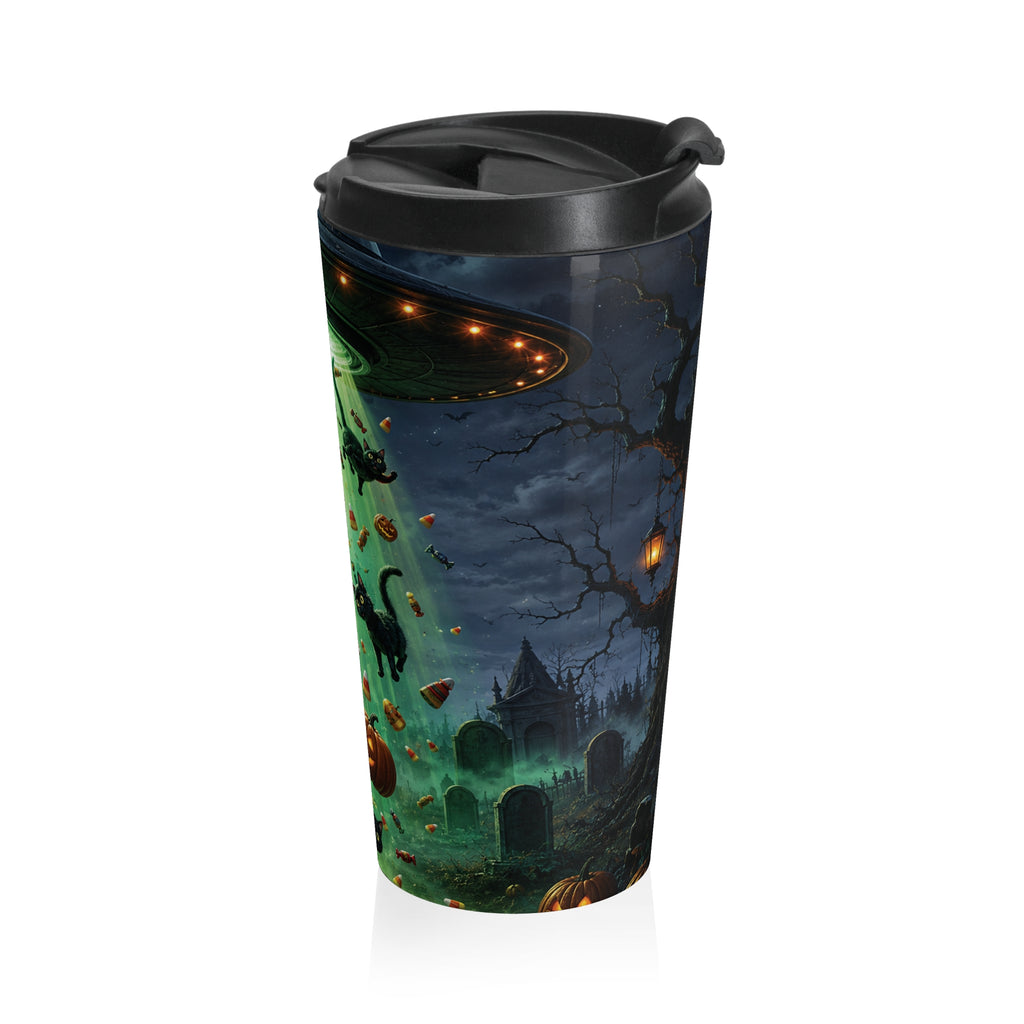 Alternate side of the black cat travel mug showing a green UFO beam, flying cats, pumpkins and a spooky graveyard