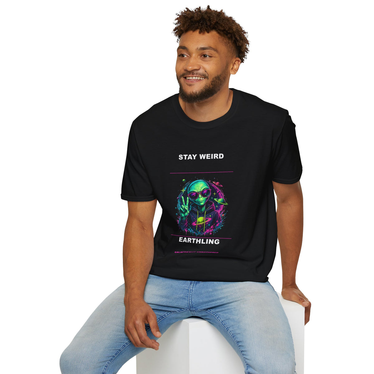 Stay Weird Alien Graphic T-Shirt | Neon Alien Earthling Design