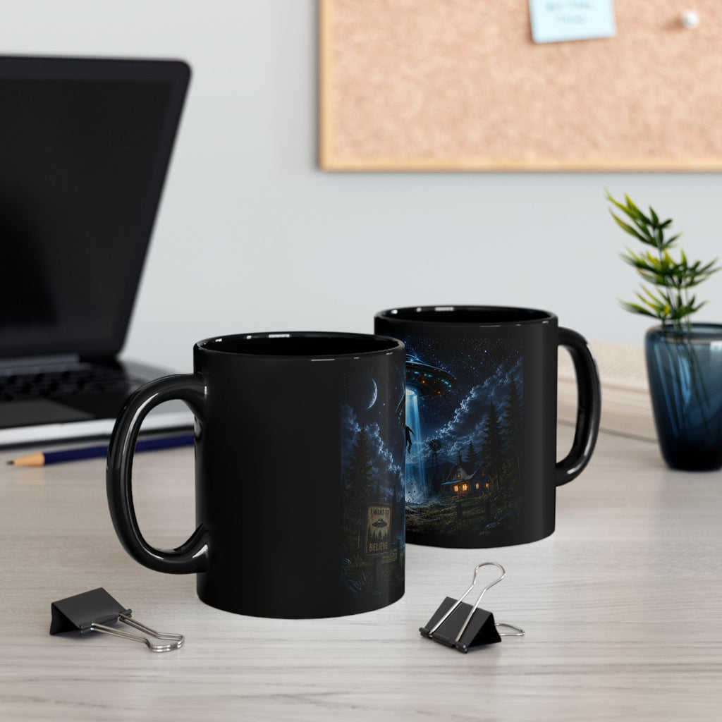 Alien Abduction Scene Mug | Black Ceramic Coffee Cup