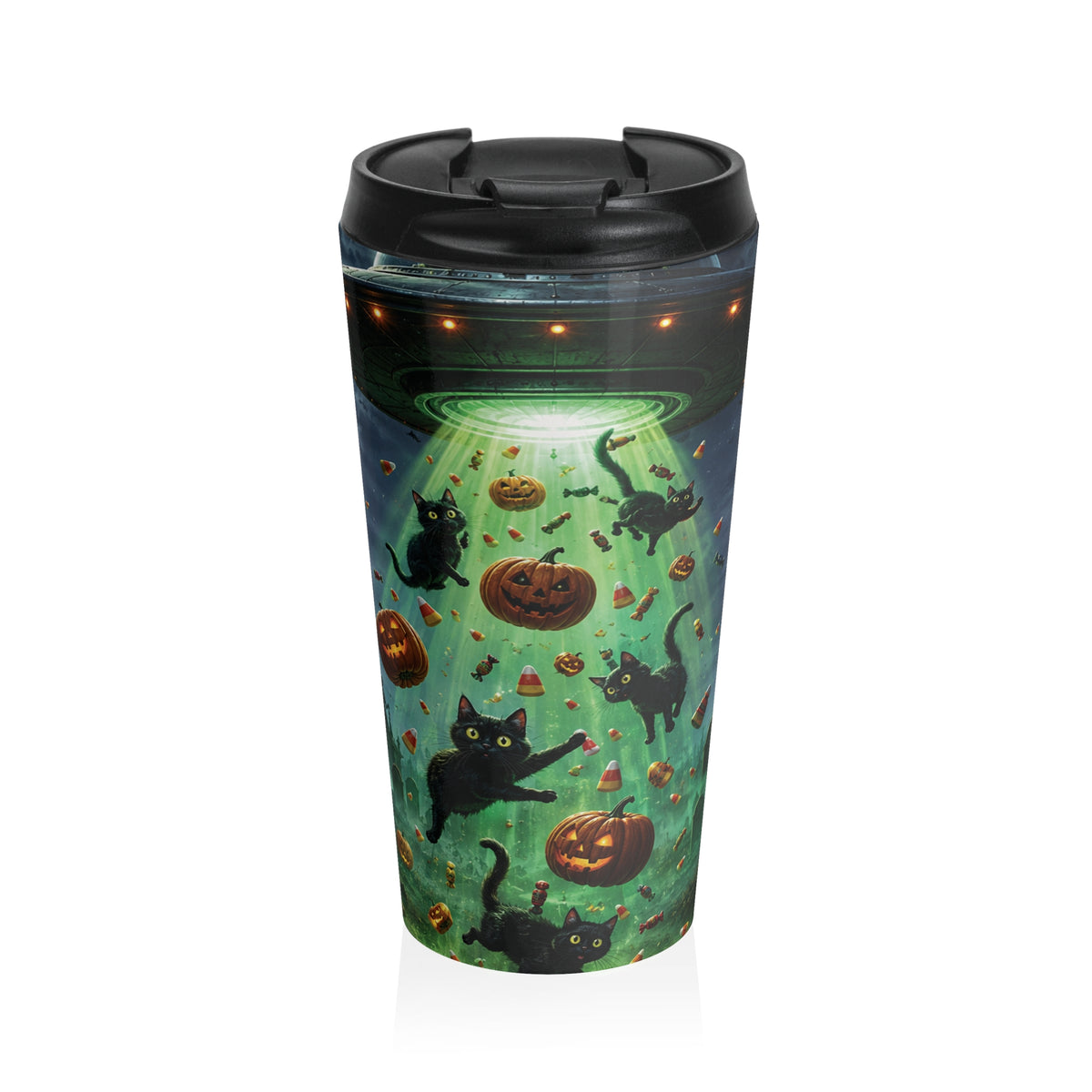 Front view of a 15oz travel mug with black cats, pumpkins and candy floating in a green UFO beam beneath a black flip-top lid