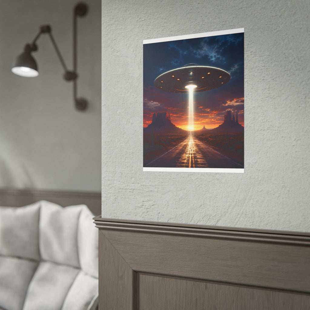 UFO Desert Road Poster, Alien Spaceship Wall Art, Sci Fi Room Decor