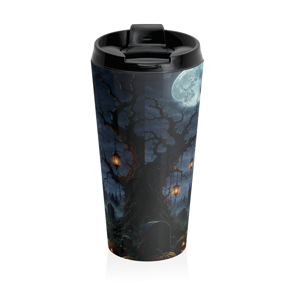 Back view of the Halloween travel mug showing a full moon, twisted trees, glowing lanterns and a black flip-top lid