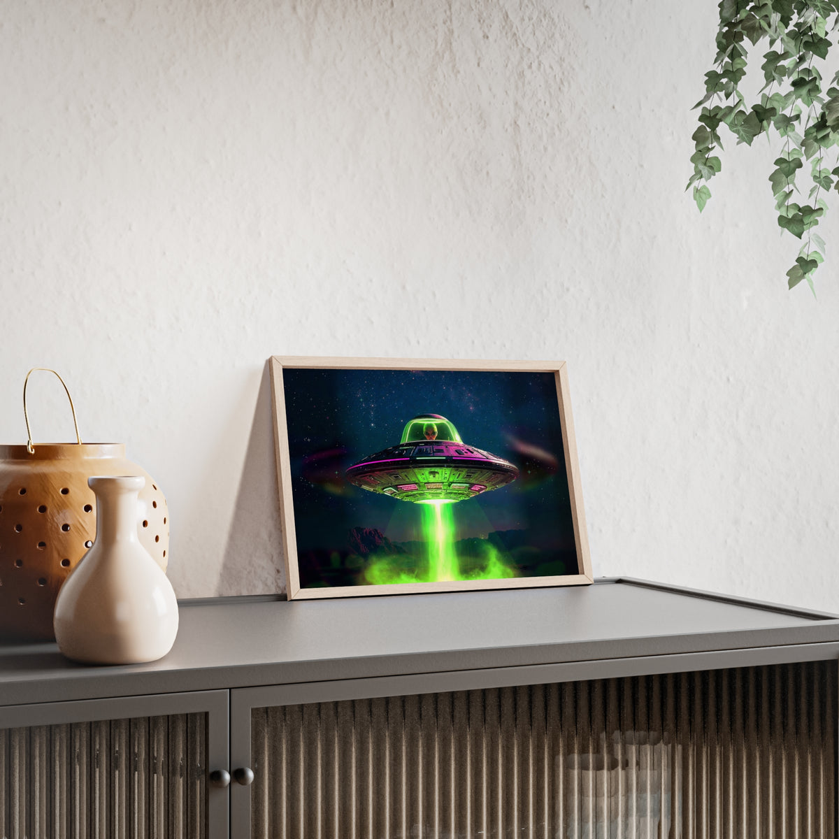 Neon UFO Abduction Poster with Wooden Frame | Alien Spaceship Wall Art