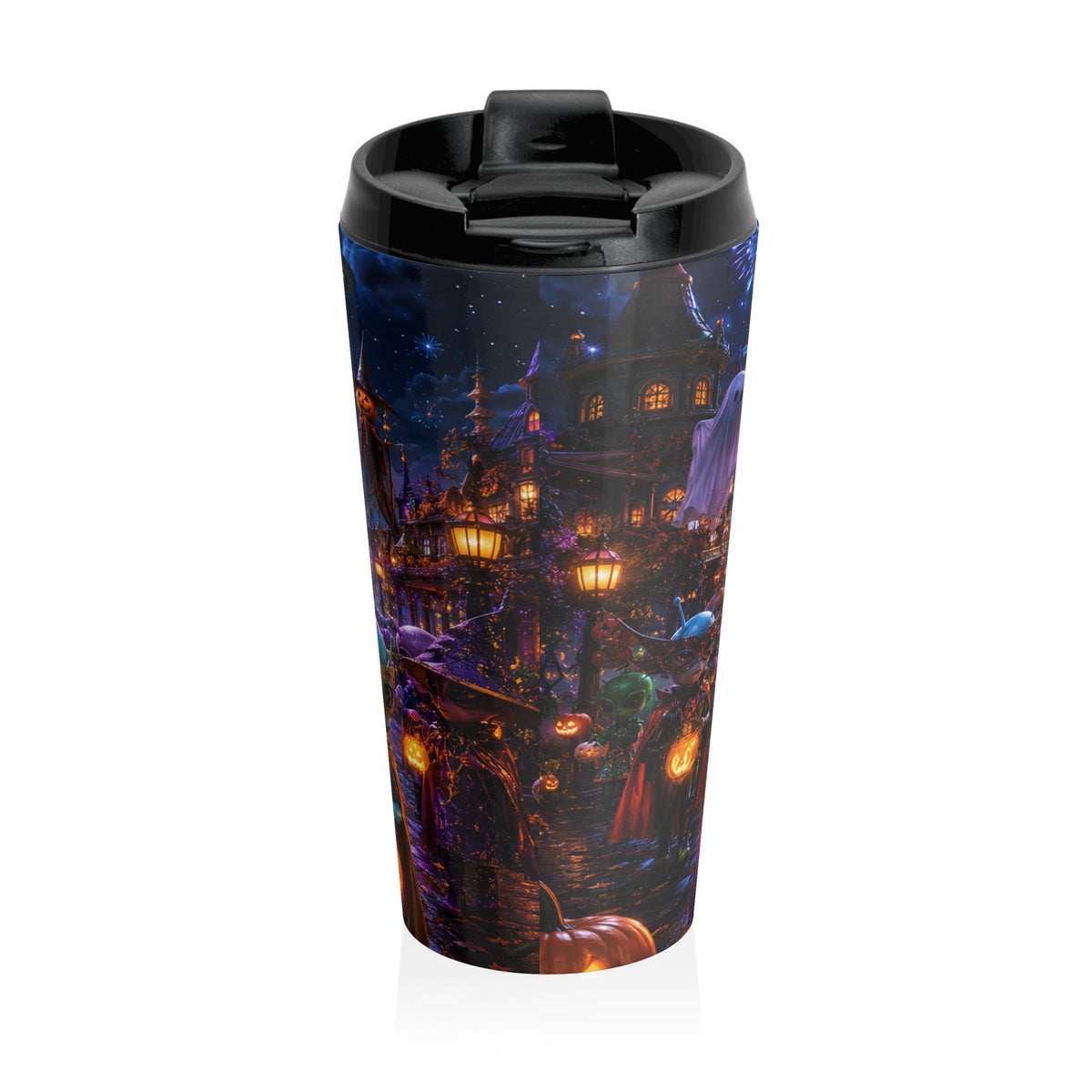 Reverse view of the travel mug showing a lantern-lit Halloween house, pumpkins and costumed aliens beneath a starry sky.
