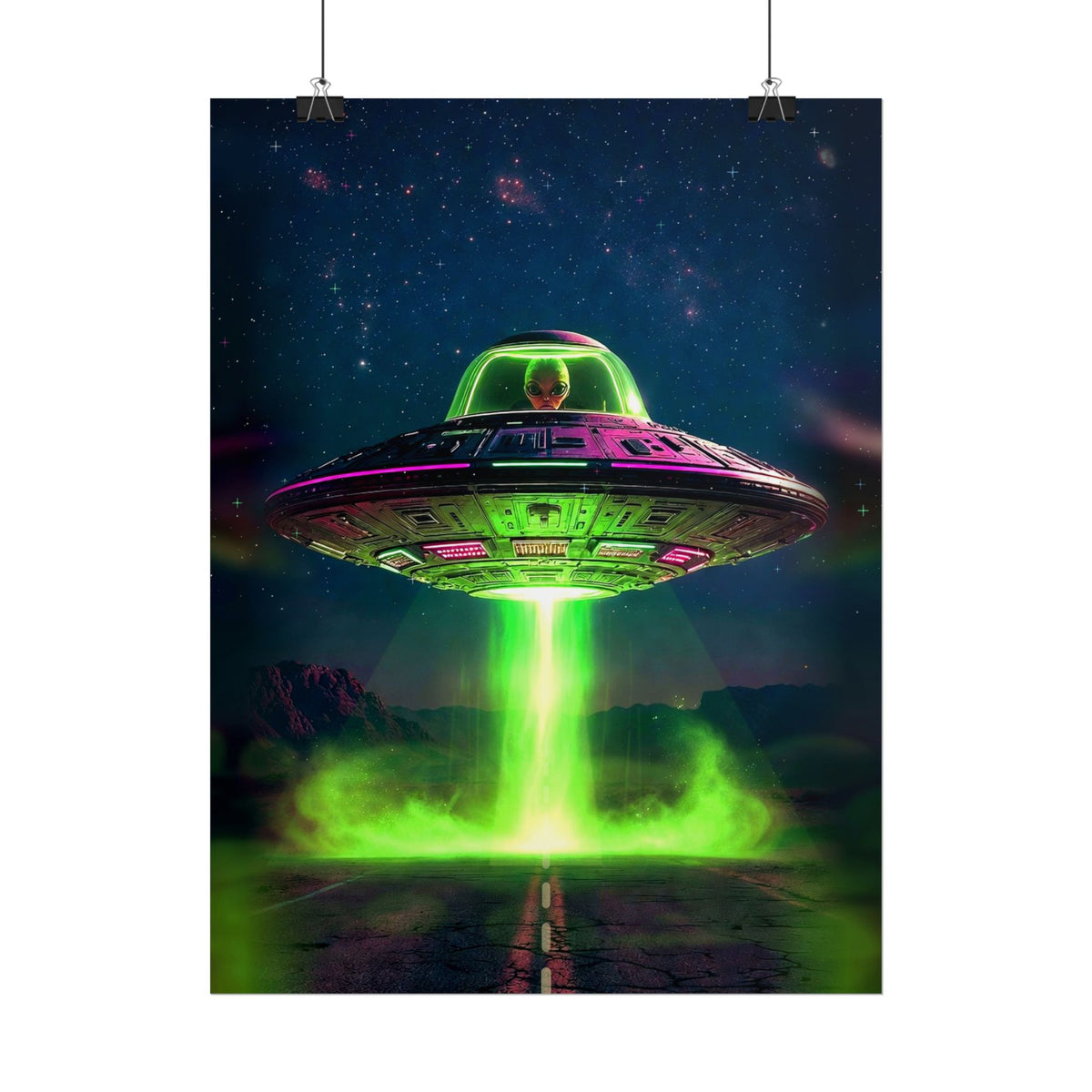 Neon UFO Abduction Poster Rolled Posters | Alien Spaceship Wall Art