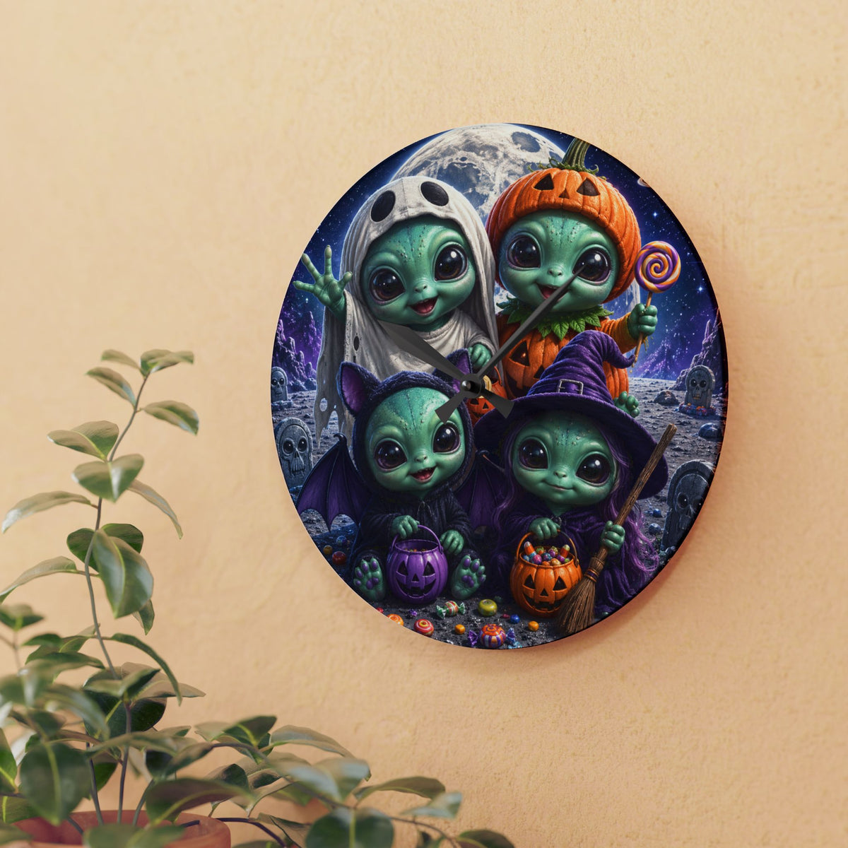 Alien Babies Halloween Acrylic Wall Clock | Cute Spooky Costume Artwork