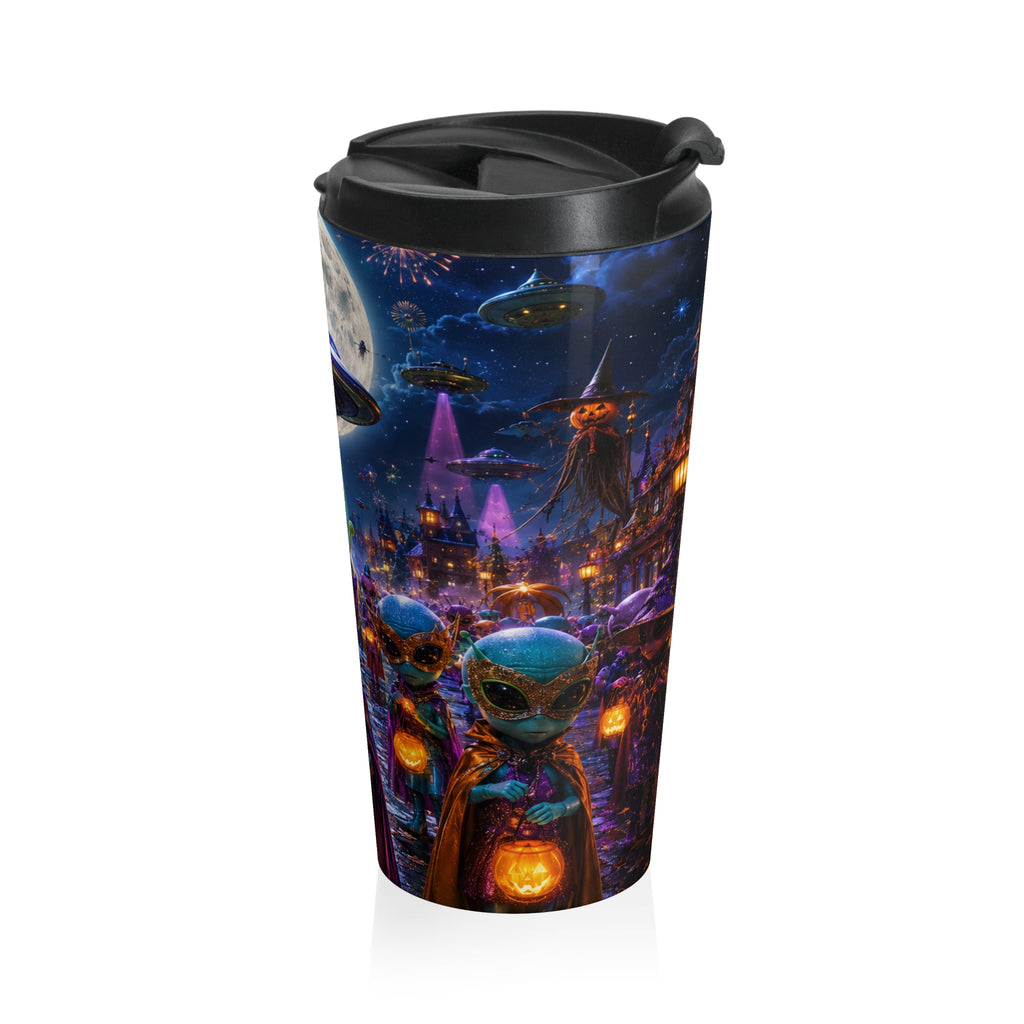 Alien Trick-or-Treat Illustration Stainless Steel Travel Mug | Halloween UFO Aliens