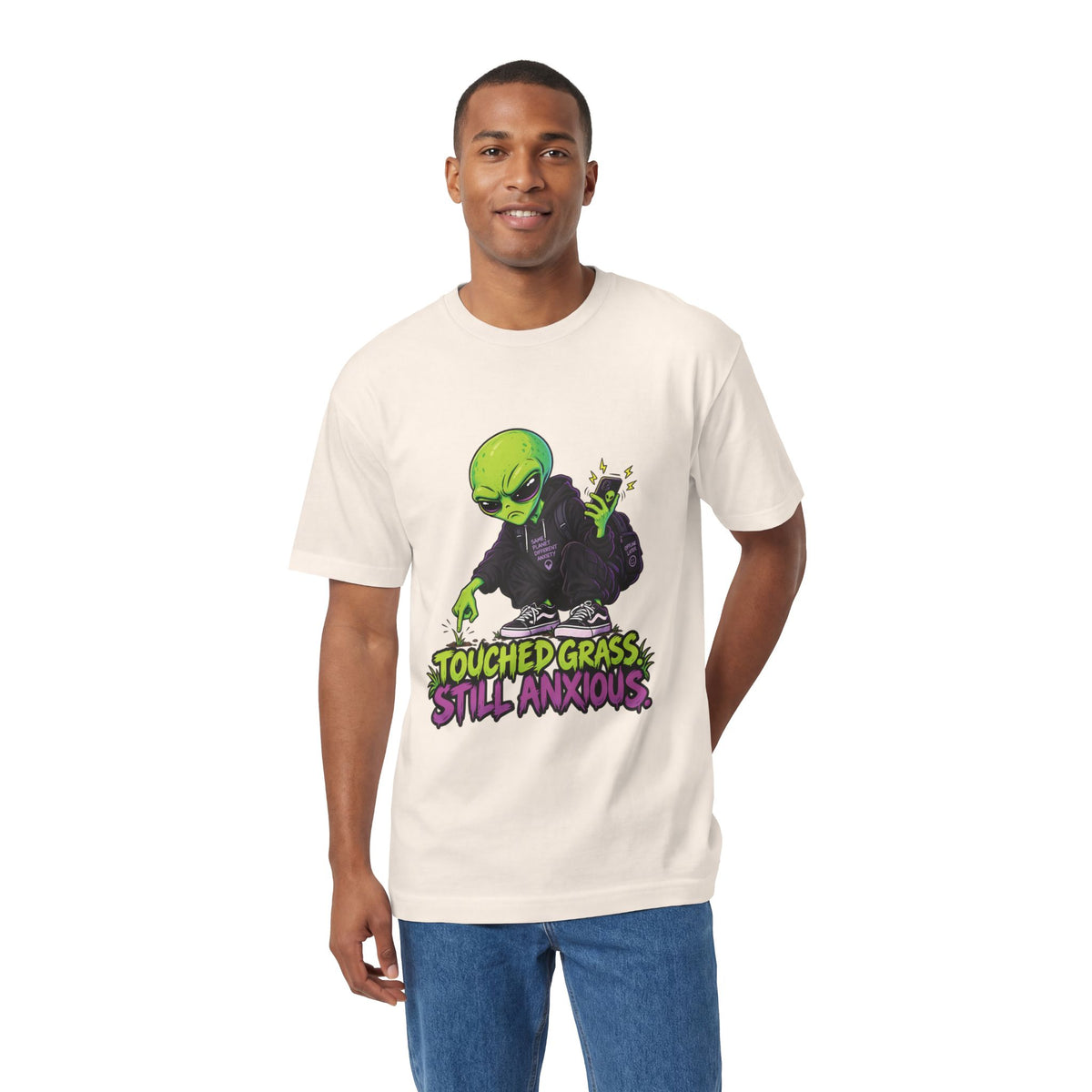 Touched Grass, Still Anxious — Unisex Alien T-Shirt