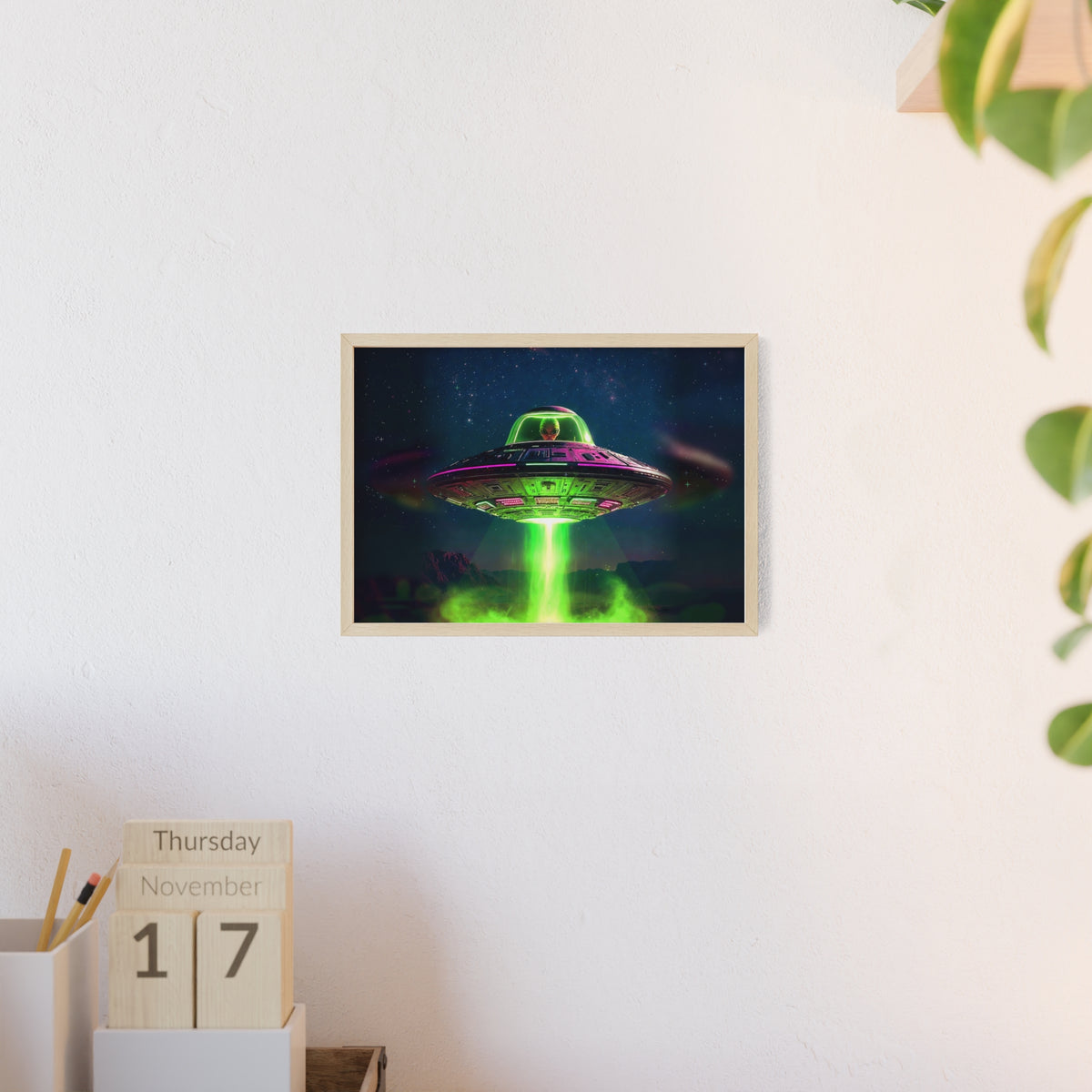 Neon UFO Abduction Poster with Wooden Frame | Alien Spaceship Wall Art