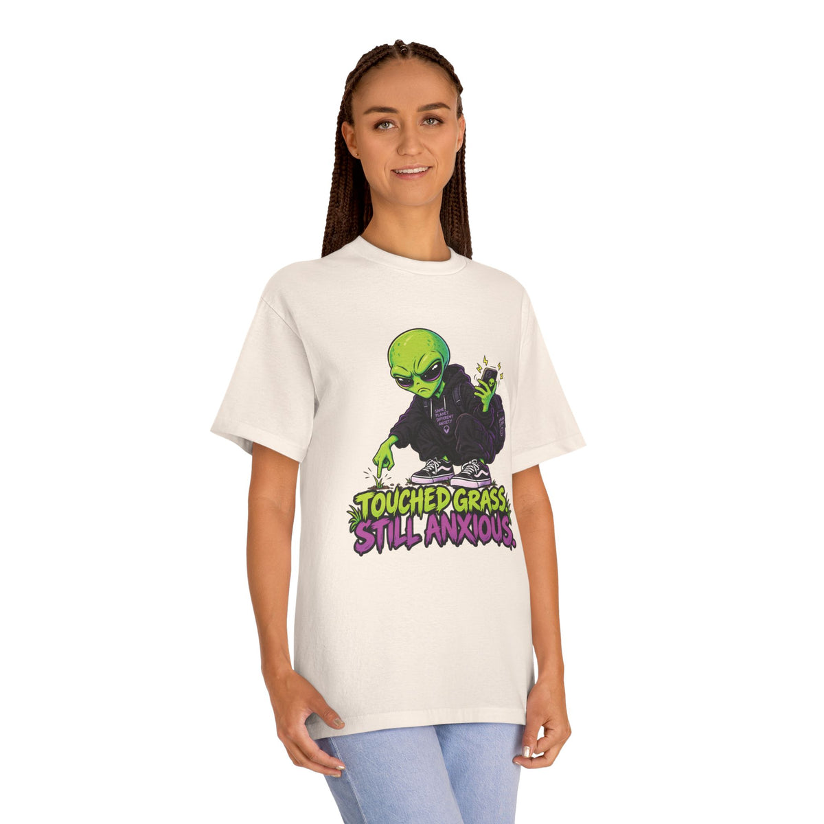 Touched Grass, Still Anxious — Unisex Alien T-Shirt