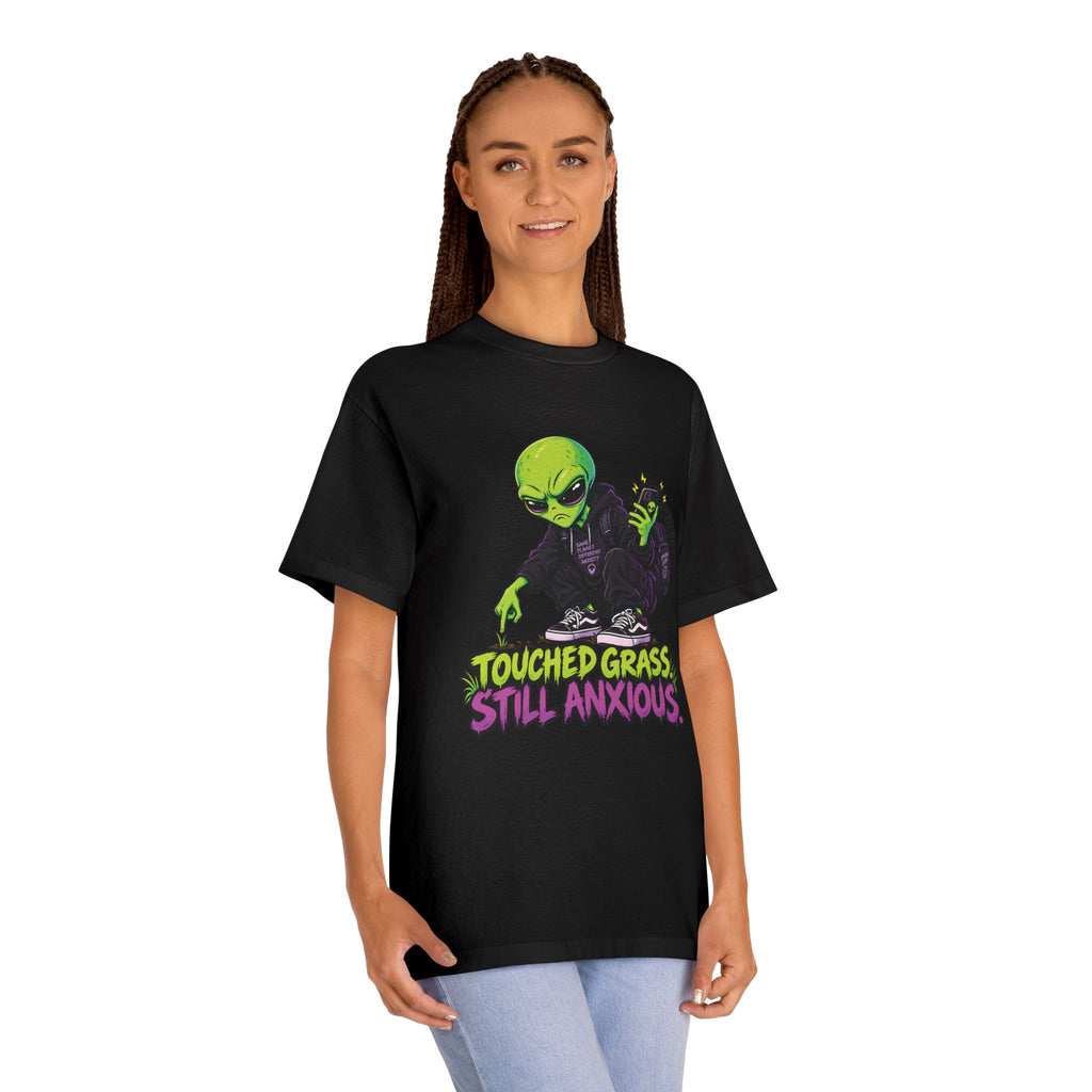 Touched Grass, Still Anxious — Unisex Alien T-Shirt