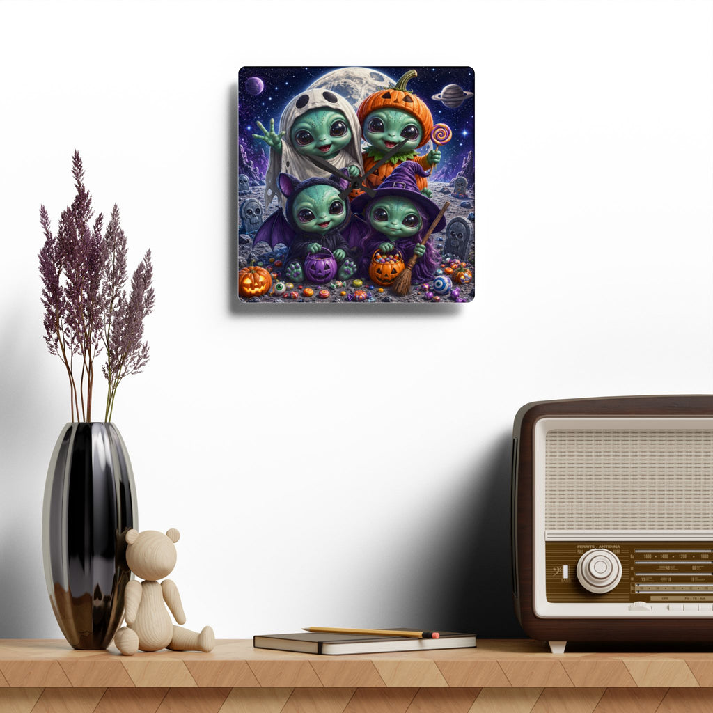 Alien Babies Halloween Acrylic Wall Clock | Cute Spooky Costume Artwork