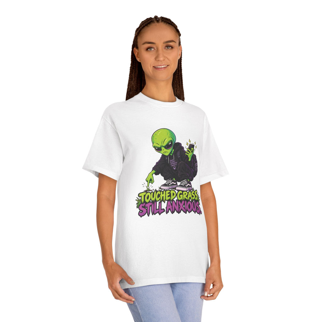 Touched Grass, Still Anxious — Unisex Alien T-Shirt