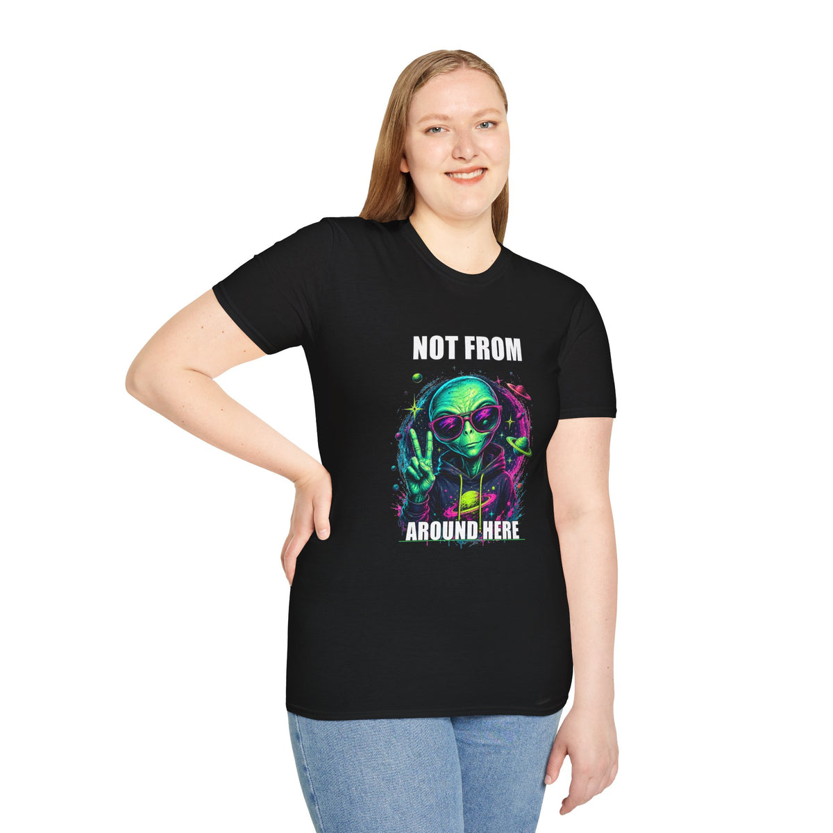 Not From Around Here Alien graphic T-Shirt | Retro Neon UFO Tee
