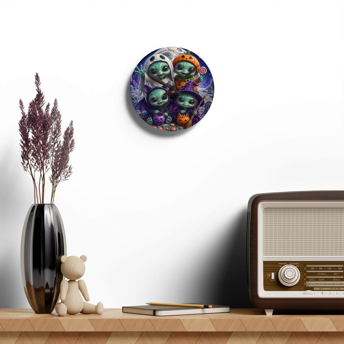 Alien Babies Halloween Acrylic Wall Clock | Cute Spooky Costume Artwork
