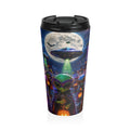 Front view of a black-lidded travel mug showing a masked green alien with a pumpkin beneath a UFO and full moon.