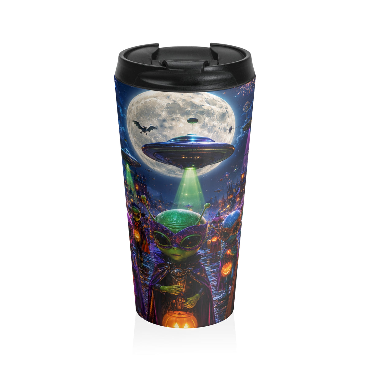 Alien Trick-or-Treat Illustration Stainless Steel Travel Mug | Halloween UFO Aliens
