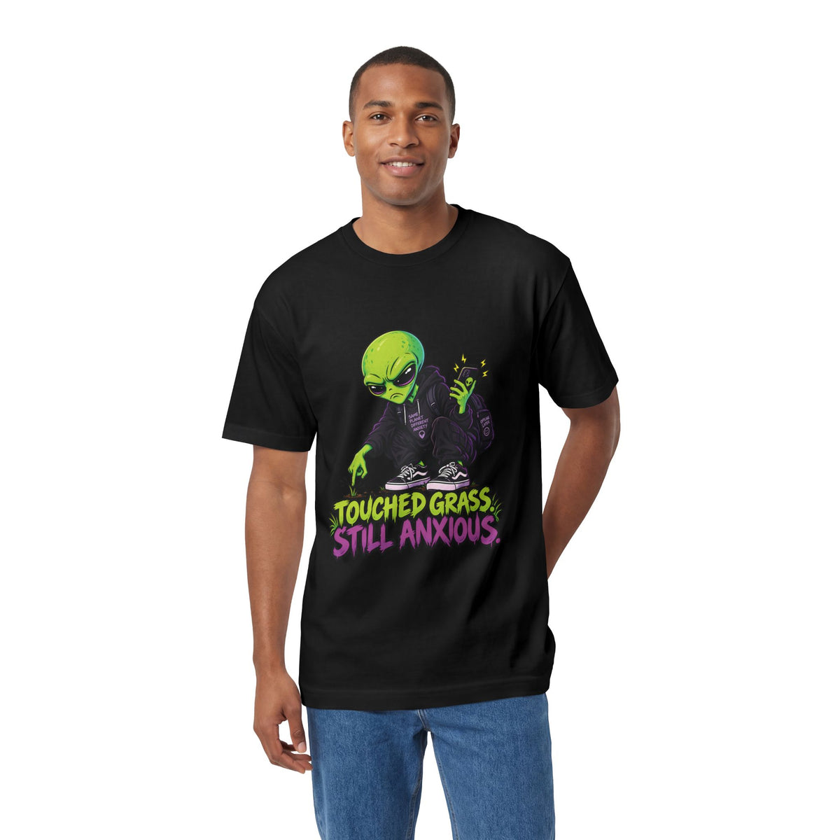 Touched Grass, Still Anxious — Unisex Alien T-Shirt