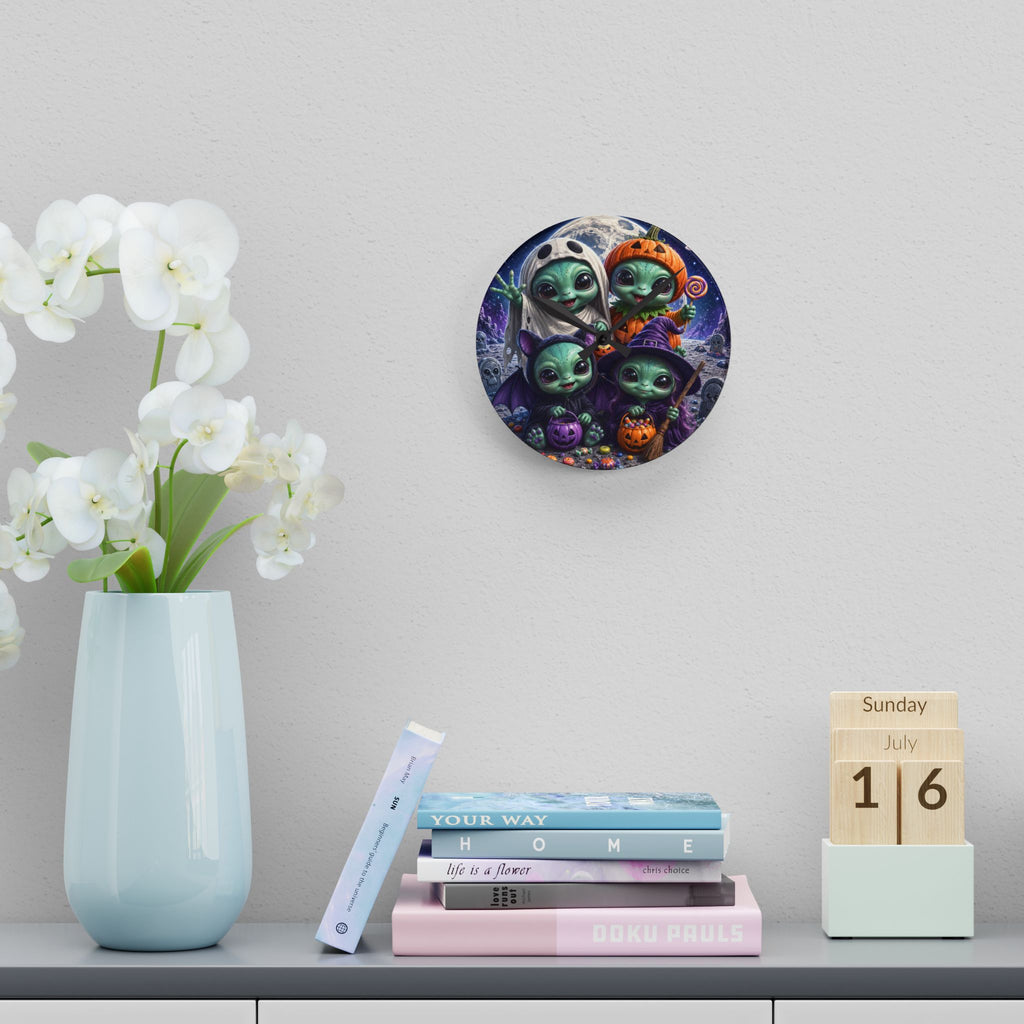 Alien Babies Halloween Acrylic Wall Clock | Cute Spooky Costume Artwork