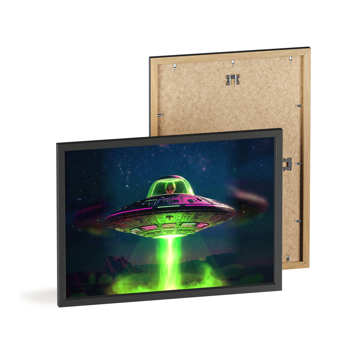 Neon UFO Abduction Poster with Wooden Frame | Alien Spaceship Wall Art