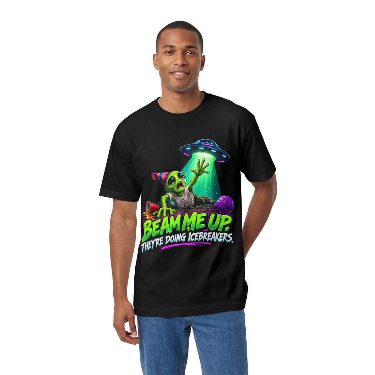 Beam Me Up Alien Tee — "Beam Me Up They're Doing Icebreakers" Graphic T-Shirt