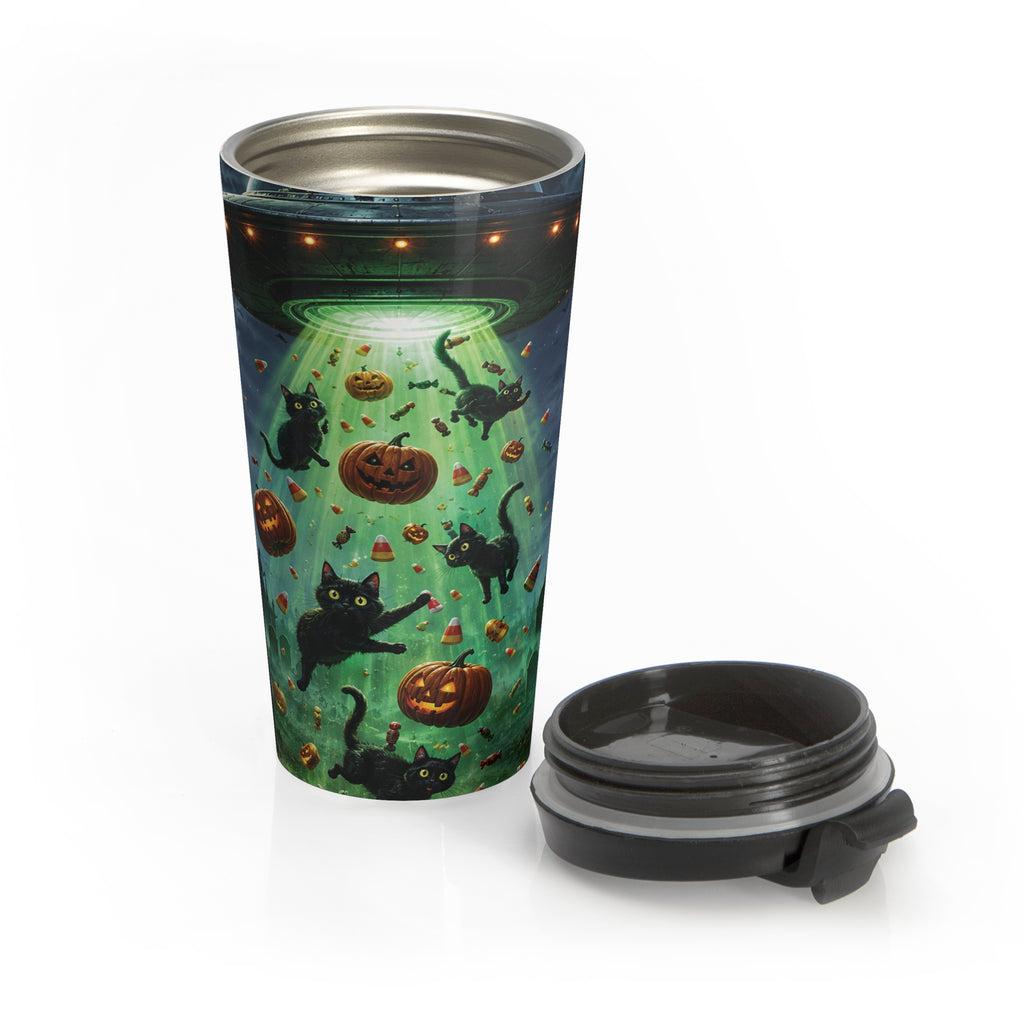 Black Cats & Pumpkins Travel Mug | Halloween UFO Cat Abduction Scene